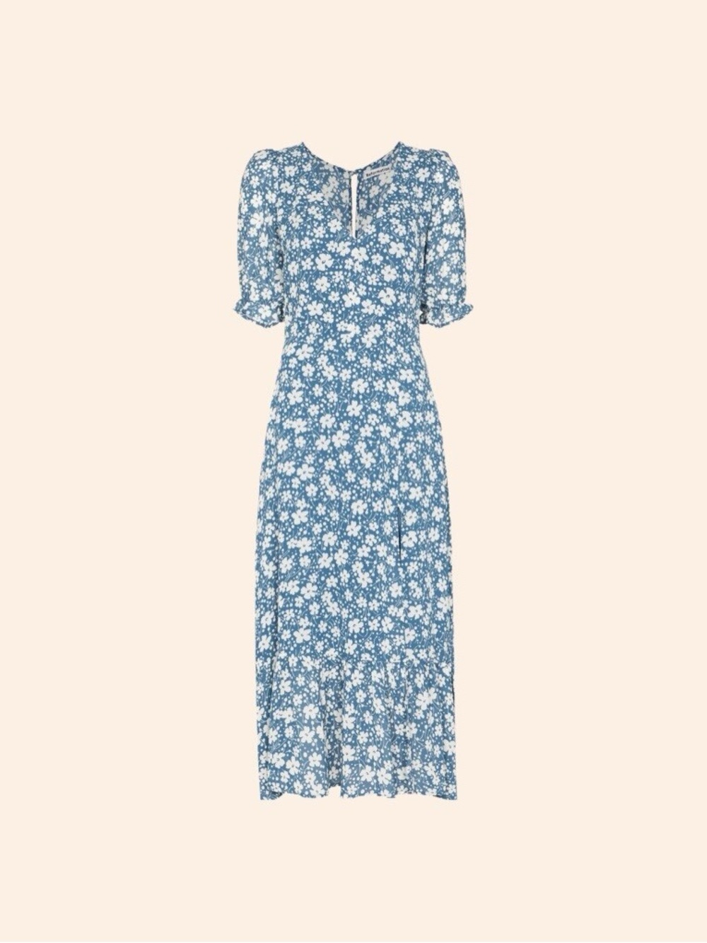 Reformation Blue V-Neck Midi Dress with Side Slit Nantes Mari Floral Ruffle Sz 8 - Picture 2 of 8